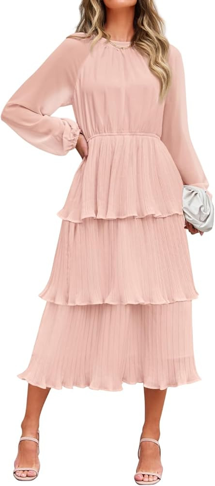 ZESICA Women's 2025 Long Sleeve Crew Neck Ruffle Tiered Layered Chiffon Flowy Swing Long Midi Dre... | Amazon (US)