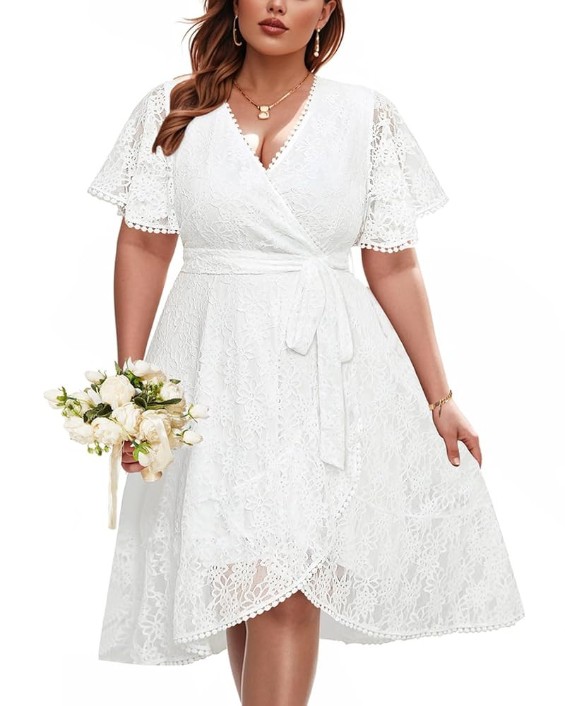 Plus Size Dresses for Wedding Guest - Lace Cocktail Semi Formal Party Wrap Flowy Short Dress | Amazon (US)