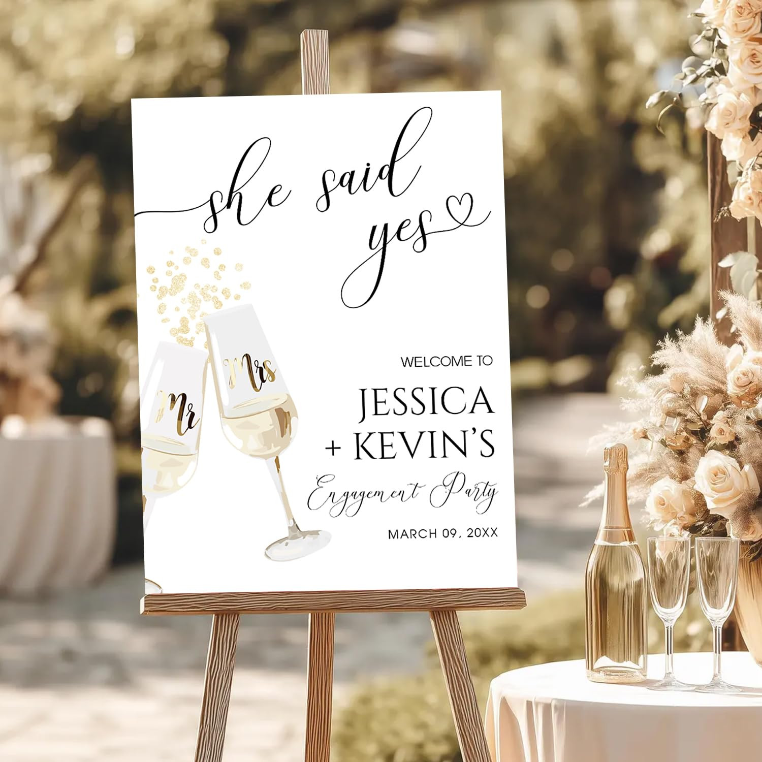 "She Said Yes!" Champagne Toast Welcome Sign - Gold Confetti & Glasses Engagement Party Décor | Amazon (US)