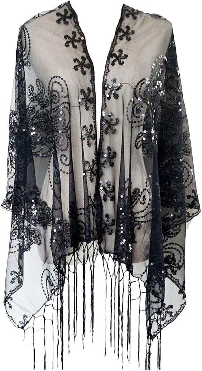 L'vow Women's Glittering 1920s Scarf Mesh Sequin Wedding Cape Fringed Evening Shawl Wrap | Amazon (US)