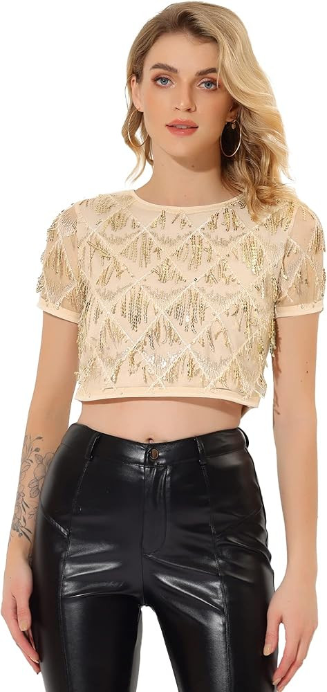 Allegra K Women's Christmas Sequin Shiny Glitter Crop Top Short Sleeves Tassel T-Shirt | Amazon (US)