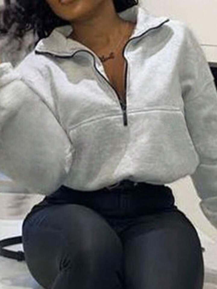 SHEIN Slayr Women's Solid Color Zip-Up Half Placket Long Sleeve Short Sweatshirt, Fall/Winter,Lon... | SHEIN