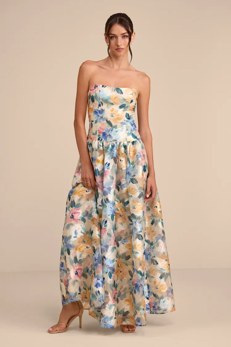 Mikayla Beige Multi Floral Jacquard Maxi Dress | Lulus
