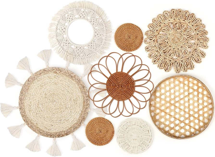 Marsui Set of 8 Boho Wall Hanging Set - Woven Rattan, Bamboo Baskets with Macrame Tassels & Tapes... | Amazon (US)