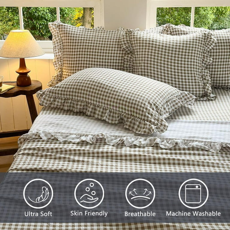 Tan Gingham Ruffle Queen Sheet Set, Taupe Soft Pre-Washed Microfiber Plaid Ruffled Queen Bed Shee... | Walmart (US)