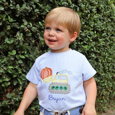 Tractor Harvest Light Blue Stripe Short Sleeve Shirt | Classic Whimsy
