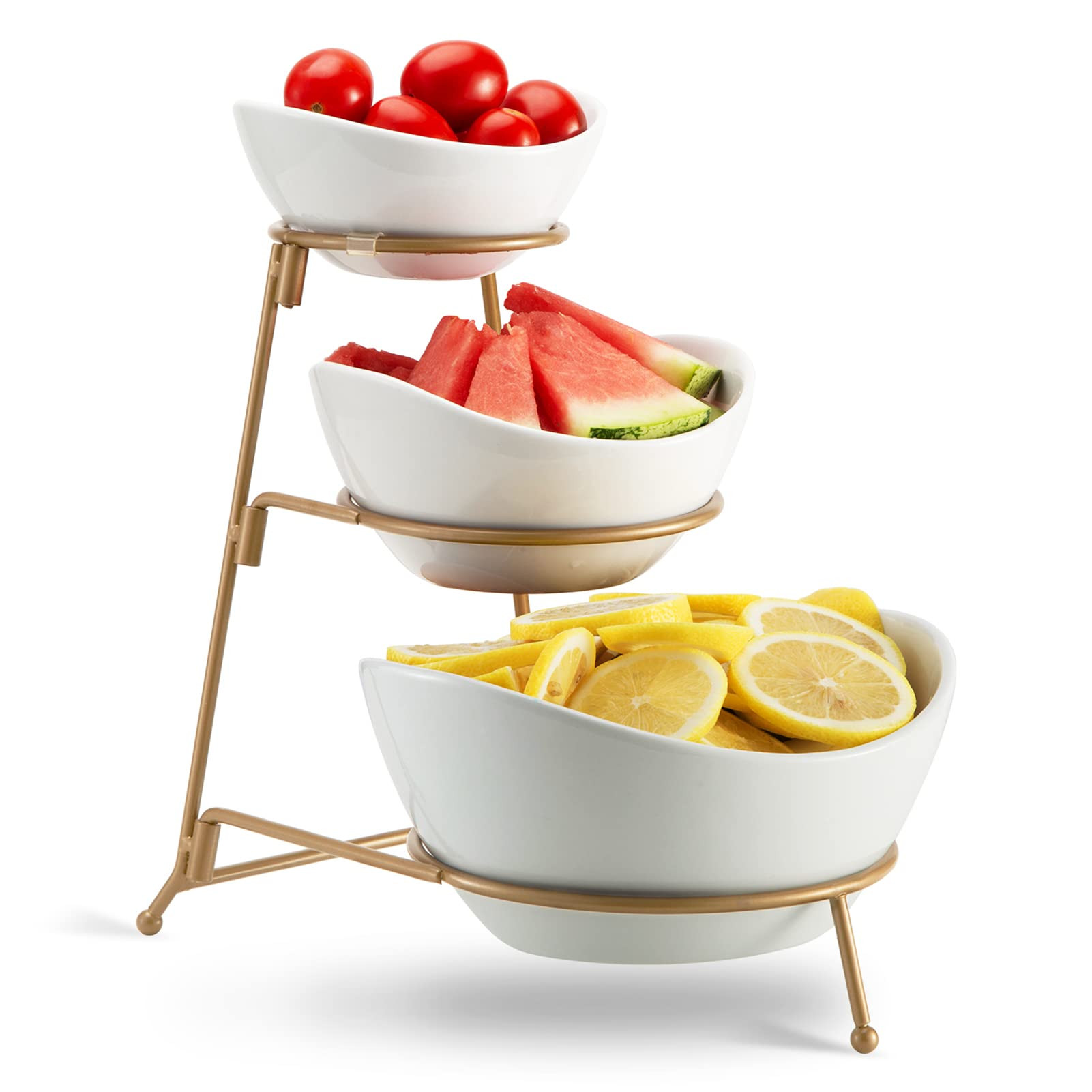 3 Tier Oval Bowl Set with Metal Rack,HabiLife Three Ceramic Fruit Bowl Serving - Tiered Serving Stan | Amazon (US)