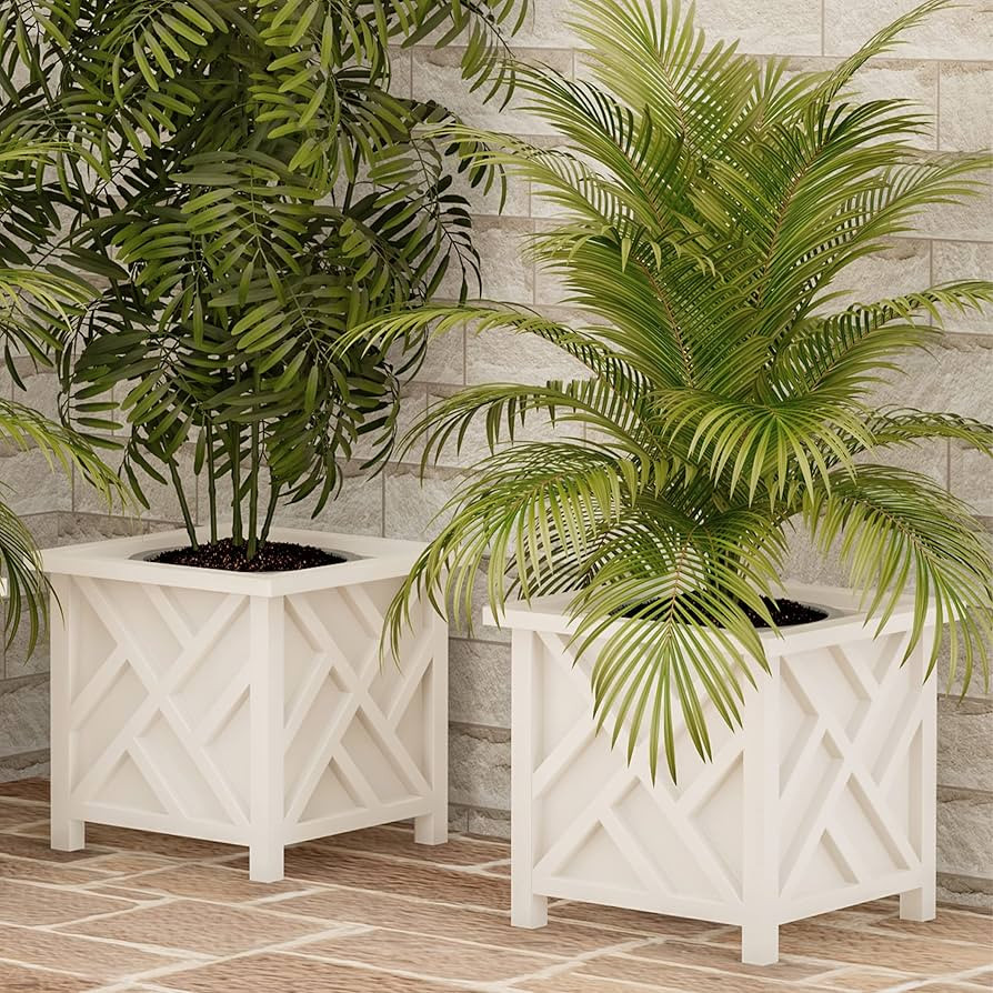 Lattice Design Planter Box 2-Pack – 14.75-Inch Decorative Outdoor Flower or Plant Pots – Front Porch, Patio, and Garden Decor by Pure Garden (White) | Amazon (US)