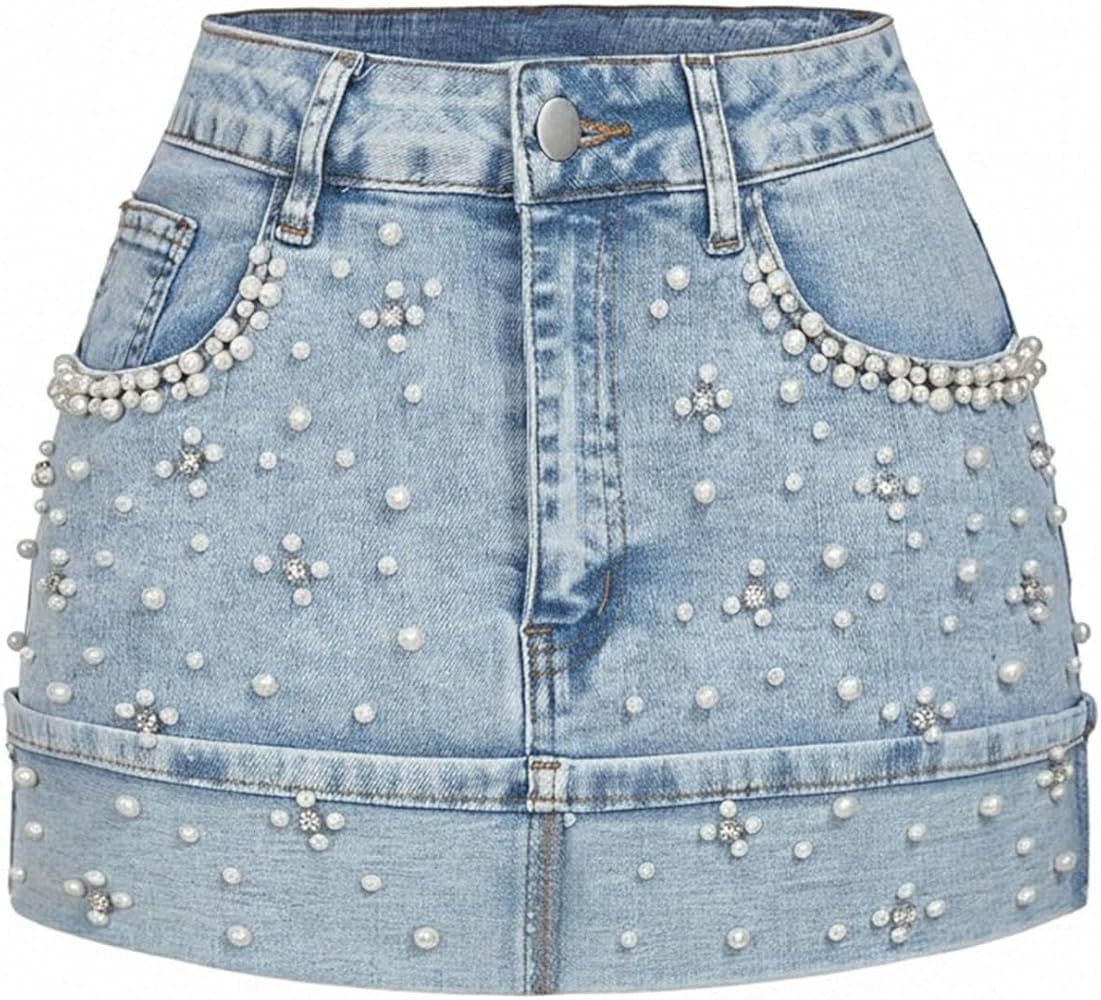 WDIRARA Women's Pearl Rhinestone Cuffed Jean Skirt A Line Bodycon Summer Denim Skirts | Amazon (US)