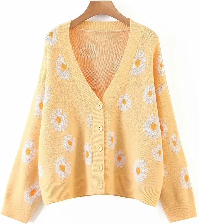 Women Y2K Floral Print Knit Cardigan Sweater Long Sleeve V Neck Button Down Sweater Vintage Aesth... | Amazon (US)