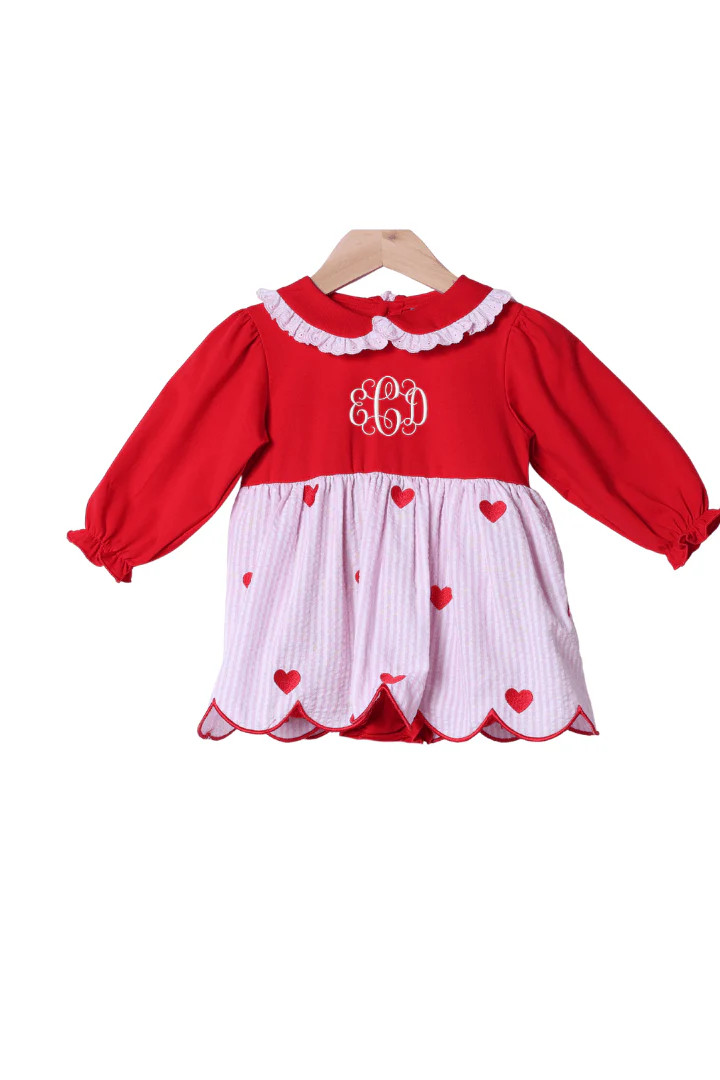 Embroidered Heart Red and Pink Seersucker Bubble | The Smocked Flamingo