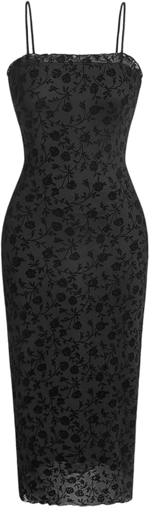 Verdusa Women's Floral Print Mesh Lettuce Trim Sleeveless Bodycon Long Cami Dress | Amazon (US)