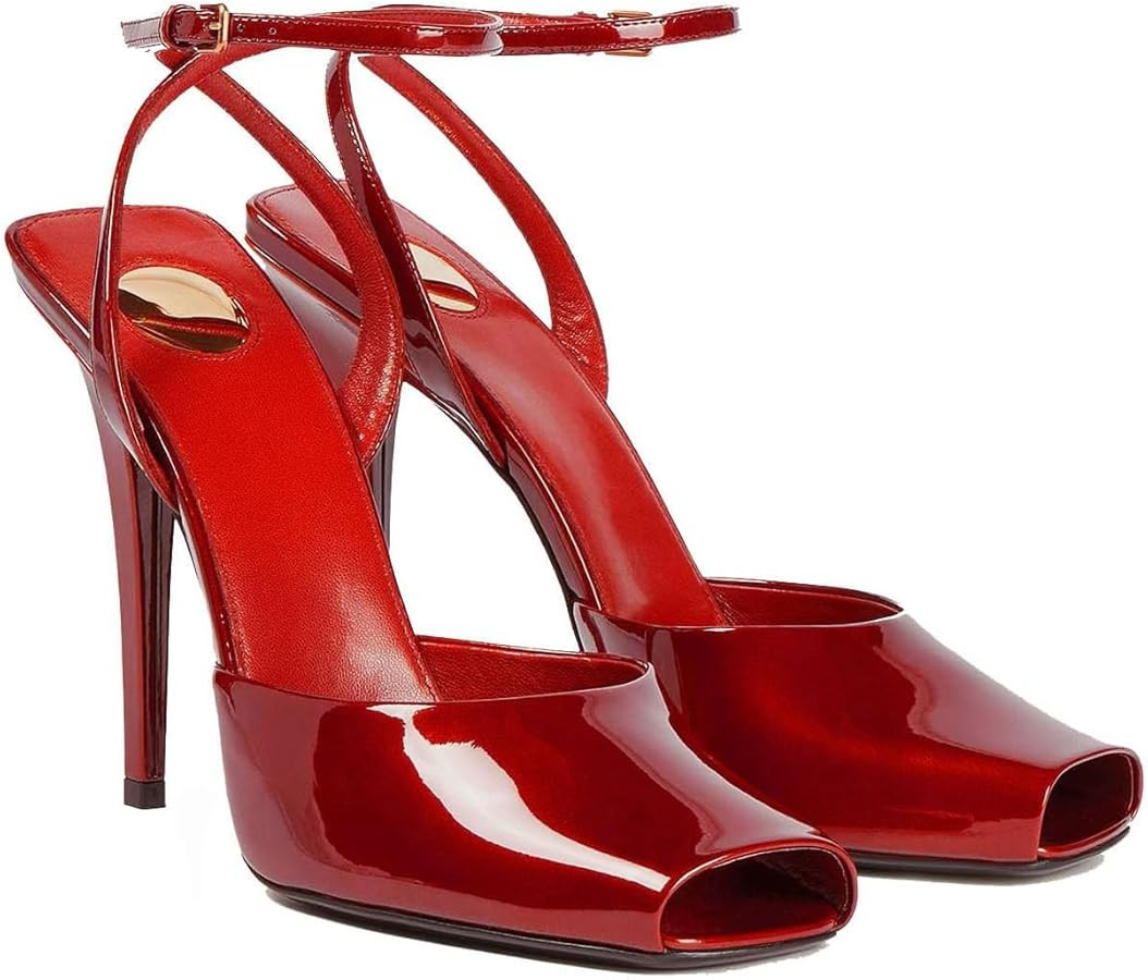Square Open Toe Heeled Sandals for Women Patent Leather Stiletto High Heels Peep Toe Ankle Strap ... | Amazon (US)