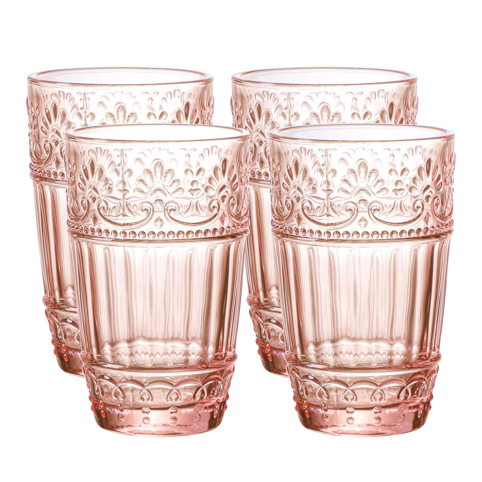 Highball Glass Tumblers, Set of 4, Pink Vintage Embossed Water Glasses, Pink Glass Drinkware, Pink G | Amazon (US)