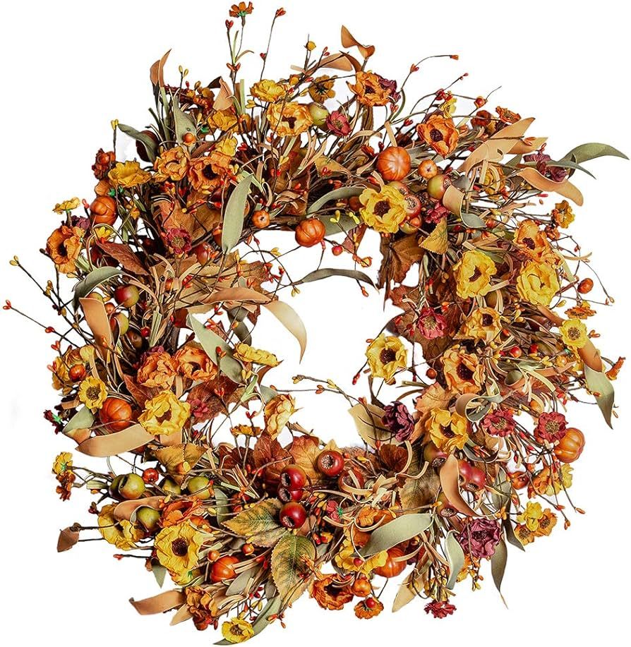 Artificial Fall Wreath,22” Floral Wreath with Berries and Pumpkins Autumn Maple Leaves Wreath f... | Amazon (US)