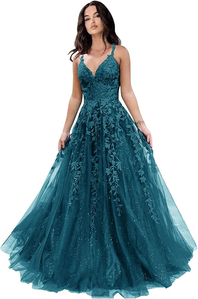 Tulle Prom Dresses for Women 2025 Sparkly Lace Appliques Long Ball Gowns Spaghetti Straps A-Line ... | Amazon (US)
