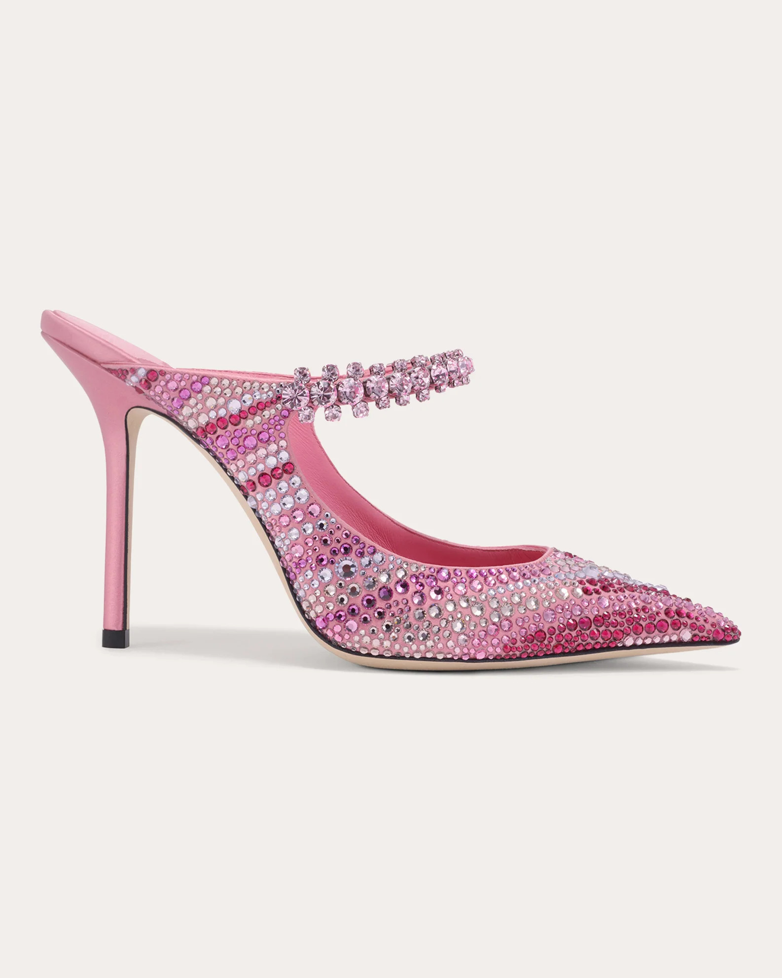 Jimmy Choo Women's Bing 100 Crystal-Embellished Satin Mule in Pink Mix Leather | Olivela