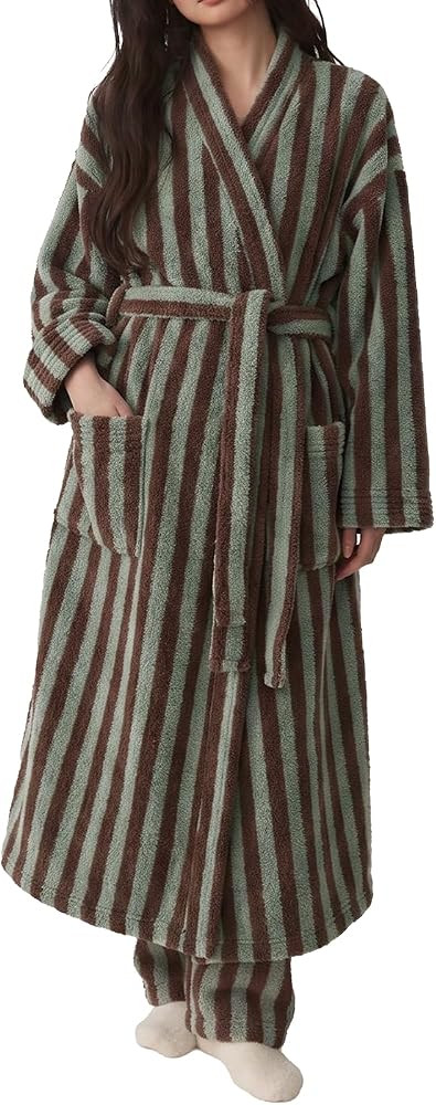 Womens Striped Long Robe Plush Warm Fluffy Bathrobes | Amazon (US)