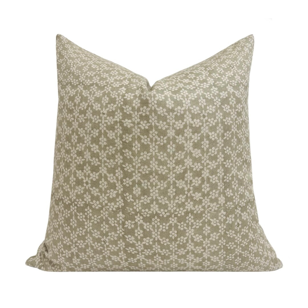 ELLIS || Designer Floral Linen Pillow Cover, Green Floral, Block Print Pillow, Neutral Pillow, Ne... | Etsy (US)