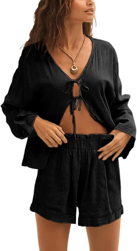 2 Piece Outfits for Women Long Sleeve Lace up Shirts Short Sets Summer Lounge Matching Sets with ... | Amazon (US)