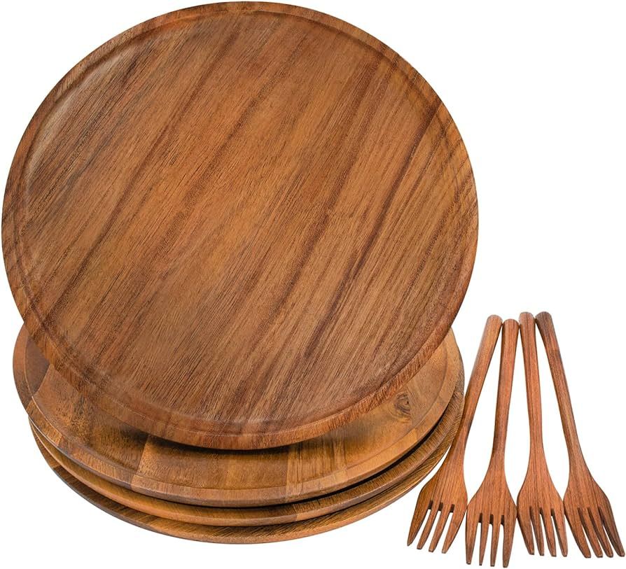 Originalidad Wooden Plates, Wood Dinner Plates with Forks, Reusable Handmade Natural Wood Flatwar... | Amazon (US)