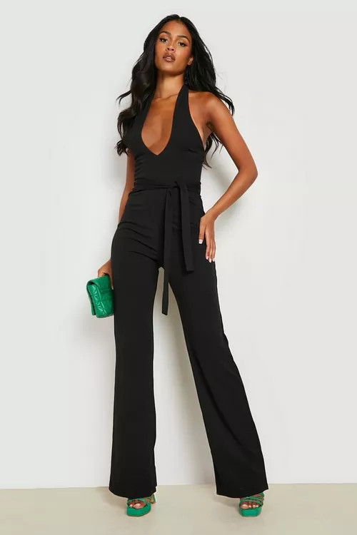 Tall Halterneck Belted Flare Jumpsuit | Boohoo.com (US & CA)