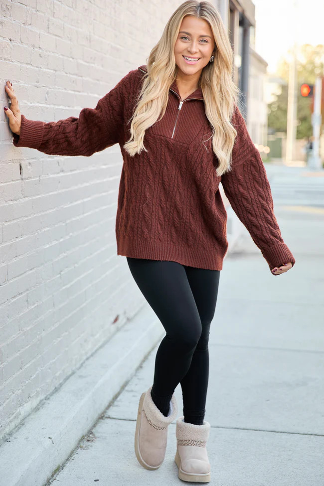 Chismer Brown Cable Knit Zip Up Sweater | Pink Lily