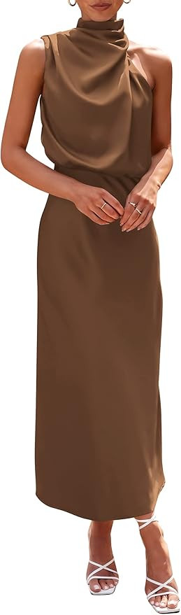 PRETTYGARDEN Women's 2025 Summer Satin Dress Elegant Sleeveless Mock Neck Cocktail Party Maxi Dre... | Amazon (US)