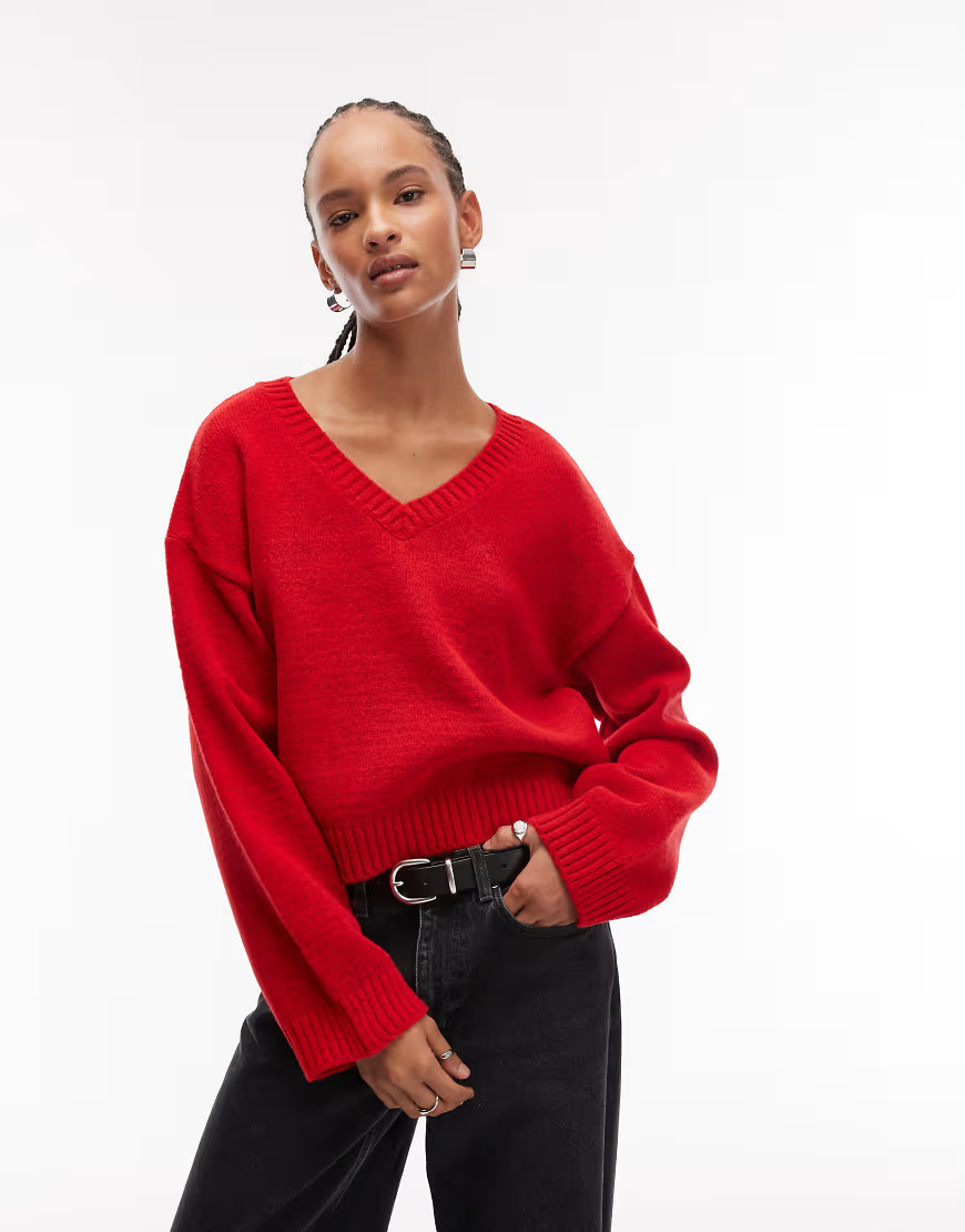 ASOS DESIGN knitted wide sleeve v neck jumper in red | ASOS (Global)