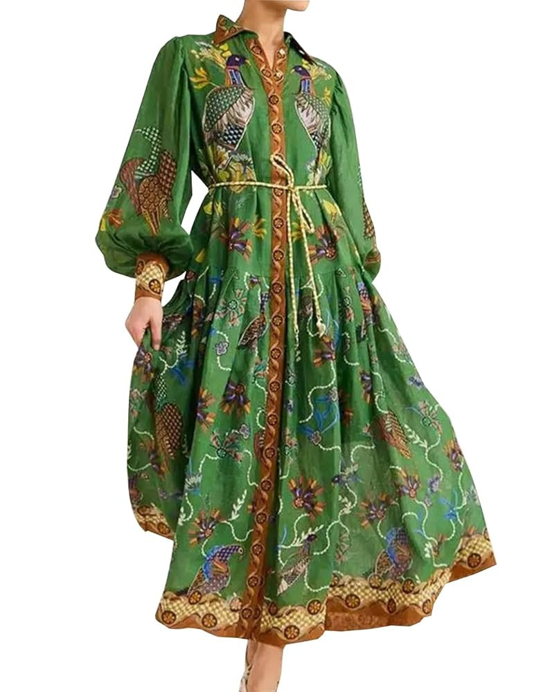 Women Dress A-Line Retro Printed Lantern Sleeve Long Dress with Belt | Amazon (US)