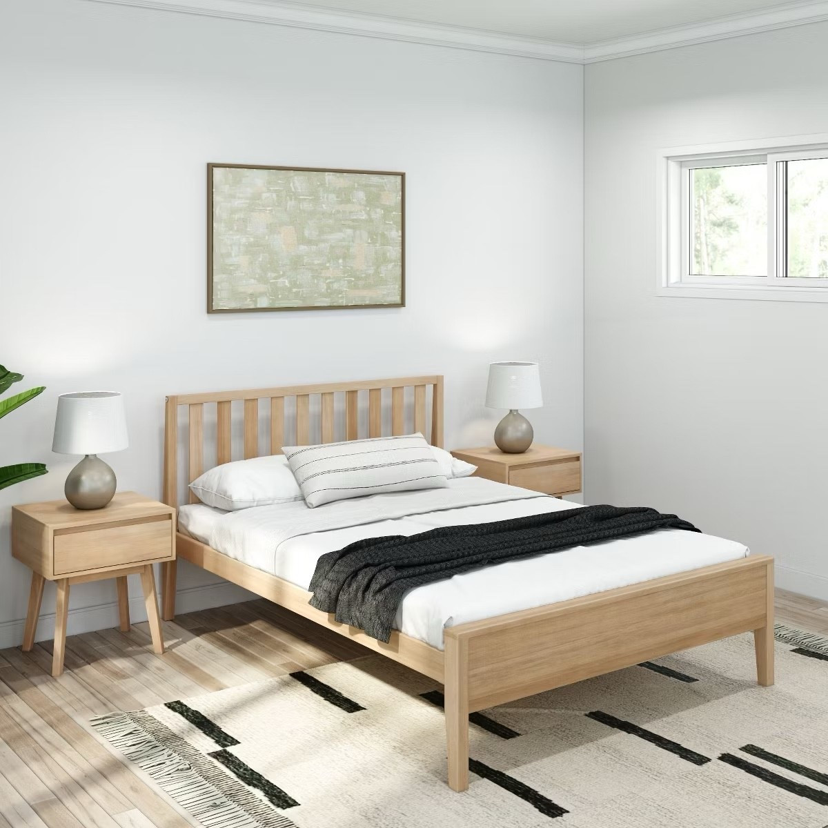 
Cozy Scandinavian vibes ✨ This  wood bed is the perfect statement piece for a light + airy bedroom refresh. Paired with neutral bedding and a bold geometric rug — chic, simple, and timeless. Shop the look below! 🛏️🌿