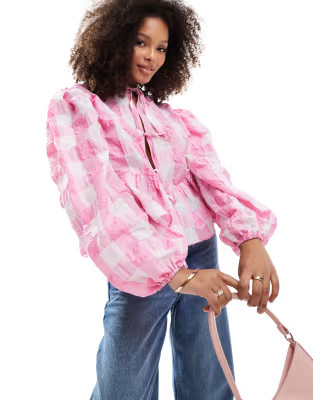 ASOS DESIGN tie front top with sleeve detail in gingham | ASOS (Global)