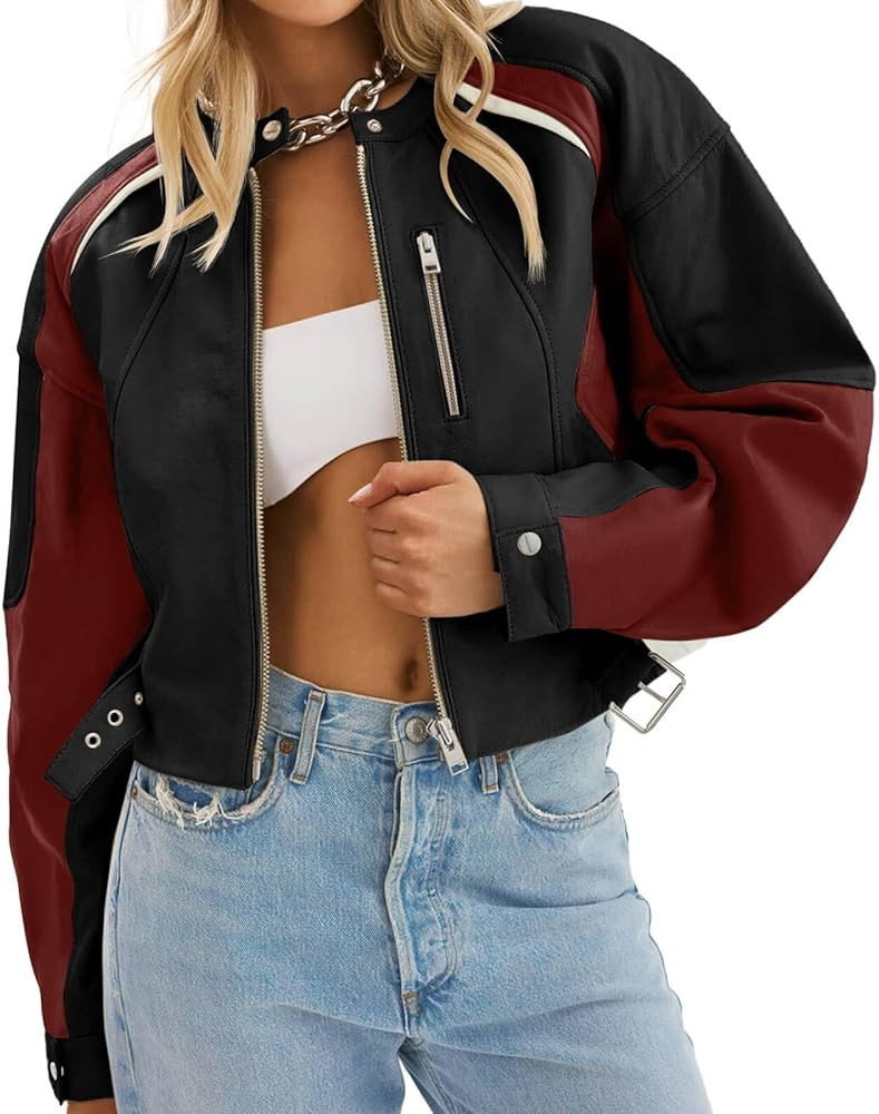 Tankaneo Womens Faux Leather Bomber Jackets Cropped Zip Up Color Block Fall Casual Moto Biker Coa... | Amazon (US)