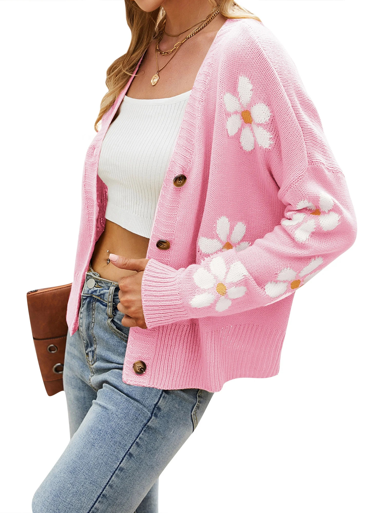 HUBERY Women Daisy Print Single-Breasted Long Sleeve Knitwear Cardigan | Walmart (US)