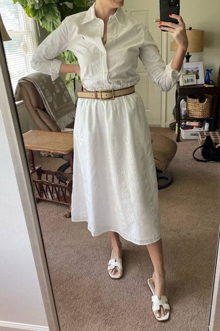 White eyelet midi skirt outfit - summer outfit - preppy outfit - white sandals - white button up shirt - target finds 

#LTKSeasonal #LTKstyletip #LTKfindsunder100