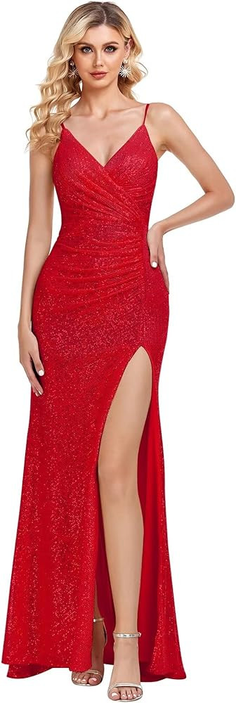 ForElise Sparkly Sequin Mermaid Prom Dresses V Neck Long Spaghetti Straps Formal Evening Party Go... | Amazon (US)