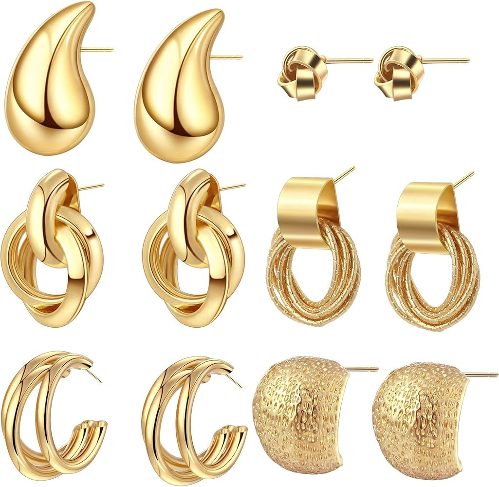 LOXUAKAM 6 Pairs Gold Hoop Earrings Set for Women, Hypoallergenic 14K Gold Chunky Open Thick Tear... | Amazon (US)