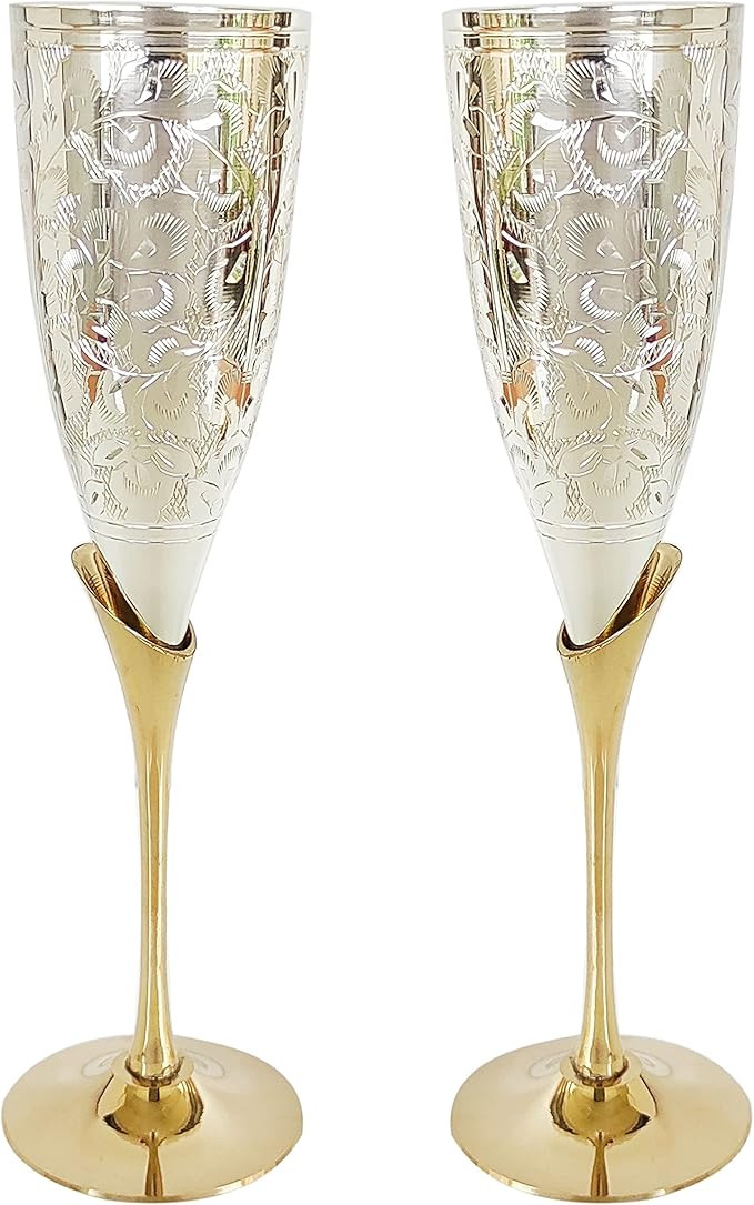 VIBRANIC Wine Glass Handmade Engraved Vintage Silver & Gold Plated Champagne Fluted Wine Glass Pa... | Amazon (US)