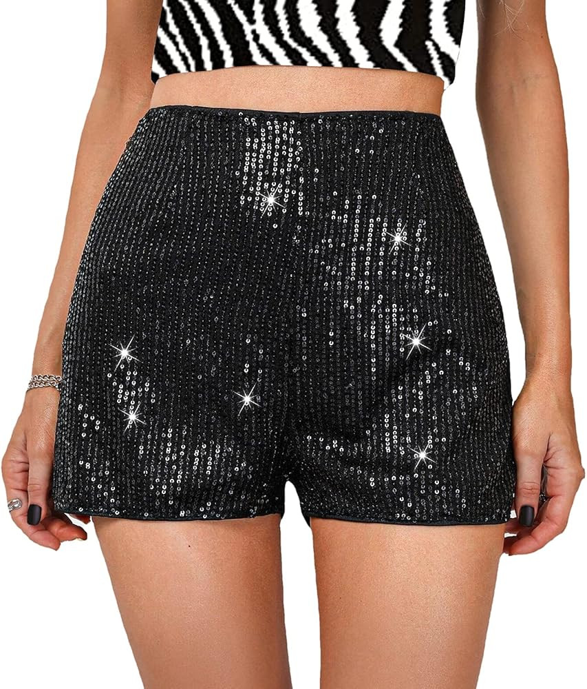 TRCKPOL High Waisted Sequin Shorts for Women Elastic Straight Leg Sparkly Glitter Party Shorts | Amazon (US)