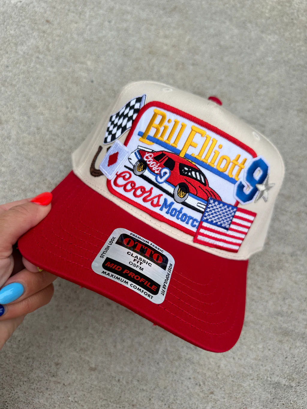 bill elliott + 9 + racing flag trucker hat - red/cream | Etta & East