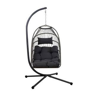 Tunearary Black Swinging Wicker Outdoor Lounge Chair with Stand and Gray Cushions ChairPYX85ss - ... | The Home Depot