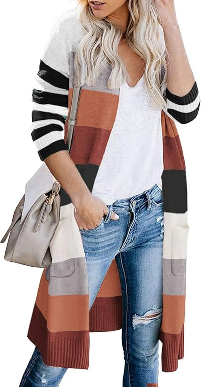 Womens Long Cardigan Striped Colorblock Open Front Knit Outwear Sweater Coats | Amazon (US)
