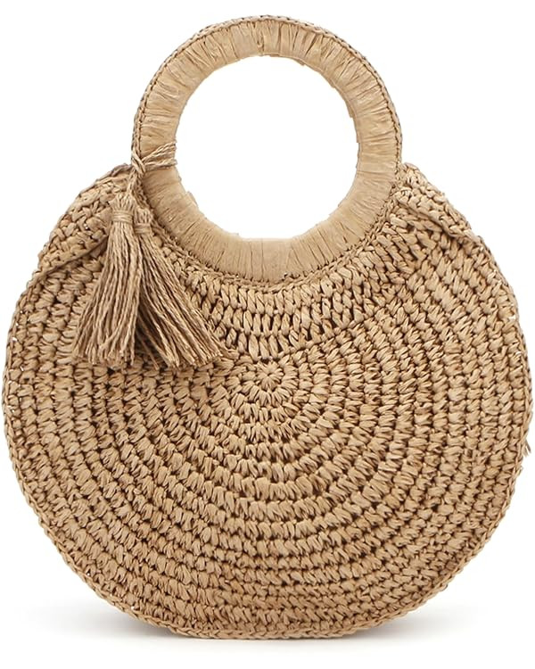 Round Paper Straw Tote Bag for Women Handwoven Purses with Tassel Beach Bag Summer Vacation | Amazon (US)