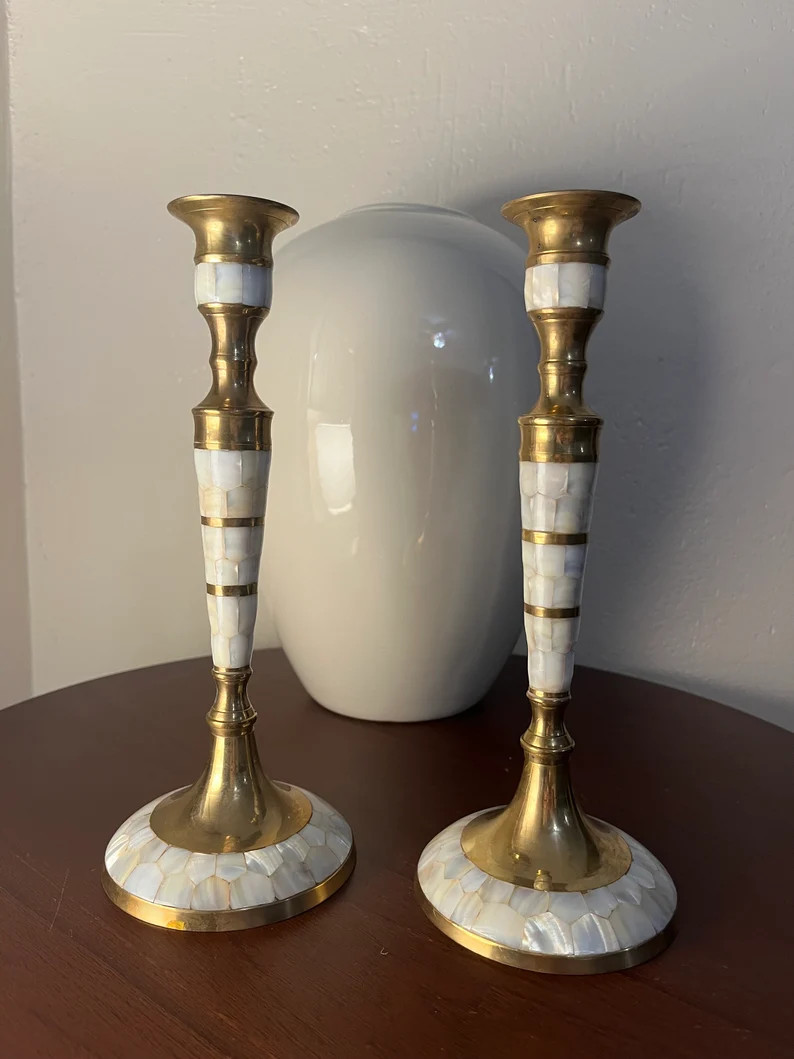 Vintage Brass and Mother of Pearl Inlay Candlestick Holders | Etsy (US)