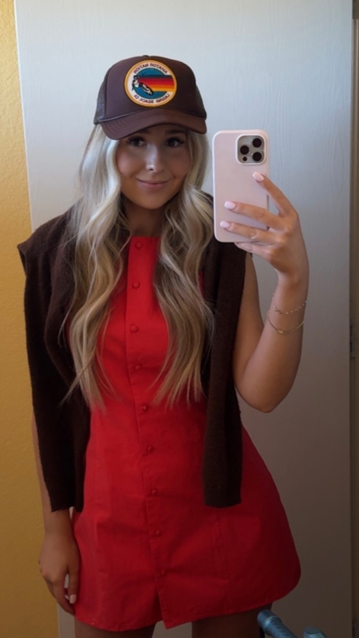 waste management phoenix open look! ⛳️ 

WMPO | golf outfit | golf tournament looks | scottsdale style | scottsdale outfits | waste management phx open outfit | red mini dress | vest dress | aviator nation trucker hat | chocolate brown hat | chocolate brown cardigan | revolve style | under $100 