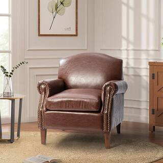 Gianluigi Brown Faux Leather Arm Chair with Nailhead Trim (Set of 1) | The Home Depot