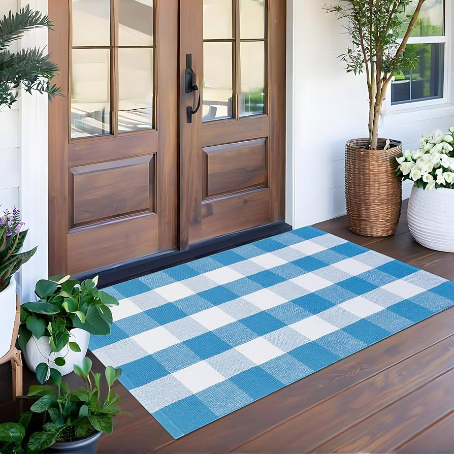 Buffalo Plaid Outdoor Rugs, 28" x 43" Blue and White Checkered Indoor Outdoor Area Rug, Layering ... | Amazon (US)