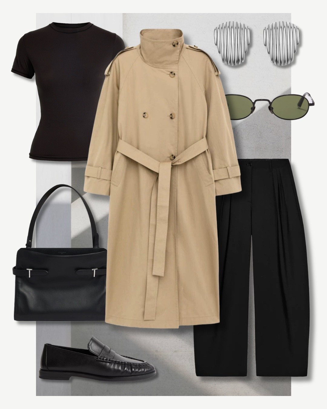 Trench coat outfit - spring outfit 2026 styling Zara barrel leg trousers, skims fits everybody tee, leather loafers and Neima row earrings with the Arket spring jacket trench coat with funnel neck and removable cape detail 

#LTKworkwear #LTKspring #LTKuk