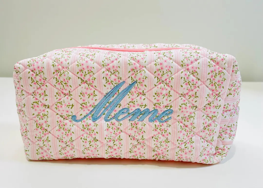 Personalized Floral Quilted Makeup Bag: Embroidered Cosmetic Gift | Etsy (Global)