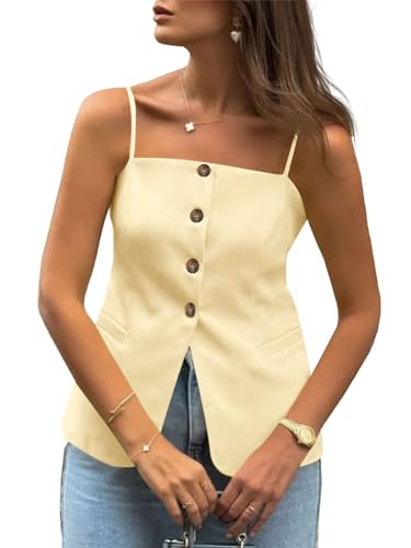 Cicy Bell Womens Summer Spaghetti Strap Vest Tops Dressy Casual Button Down Waistcoat Fitted Split Hem Sleeveless Suit Blazer Beige | Amazon (US)